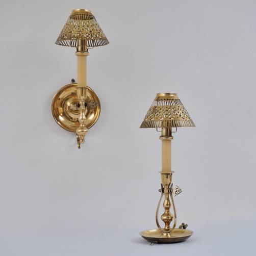 Pair vintage gimbal table candlesticks/candle wall sconces, brass, 1940`s ca, English